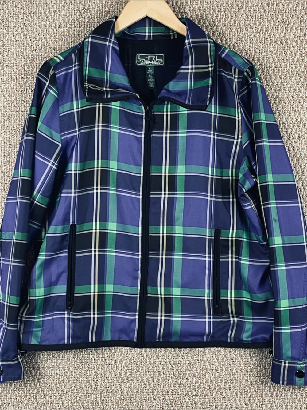 Ralph Lauren Jacket Women’s Large Green Blue Plaid Mesh Lined Golf Pockets T71